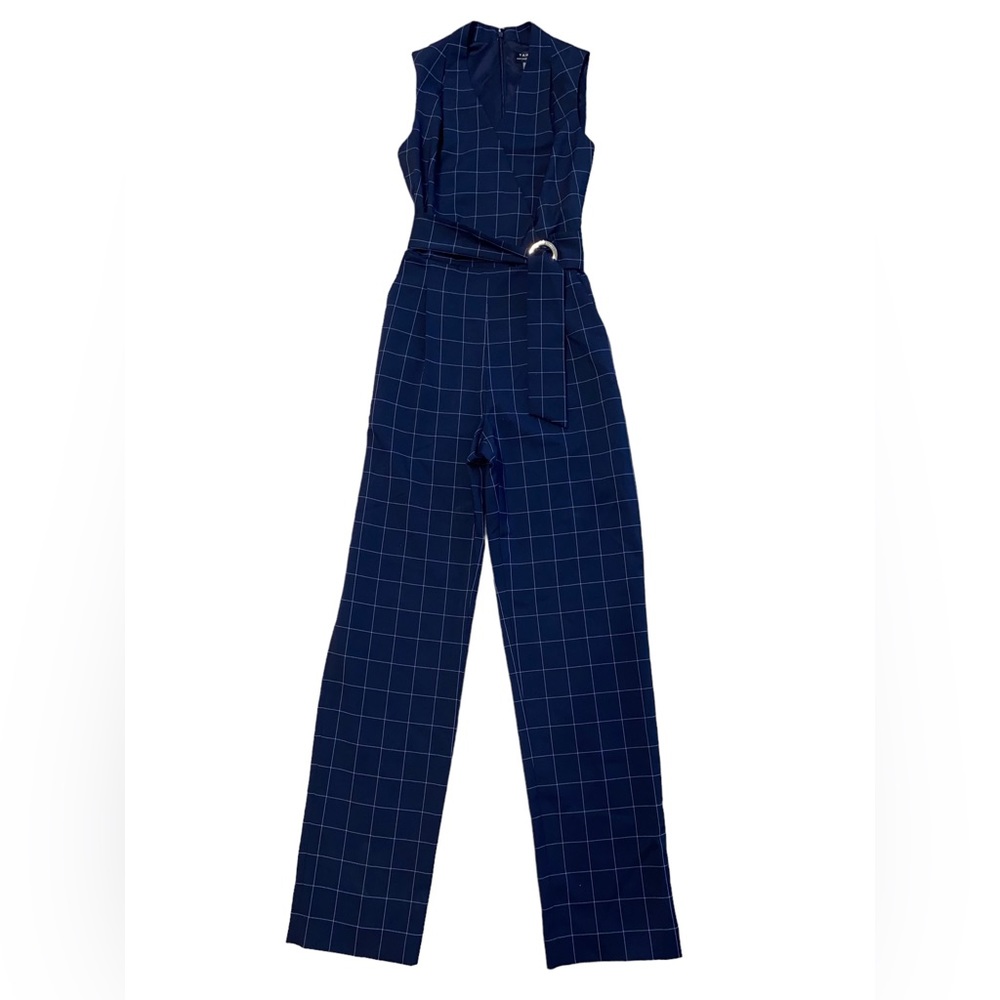 Tahari Navy Windowpane Sleeveless Jumpsuit